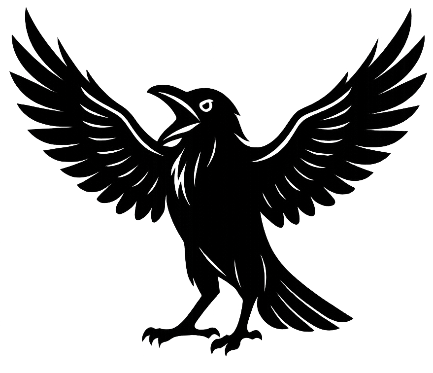 Cuervo gritando con las alas abiertas